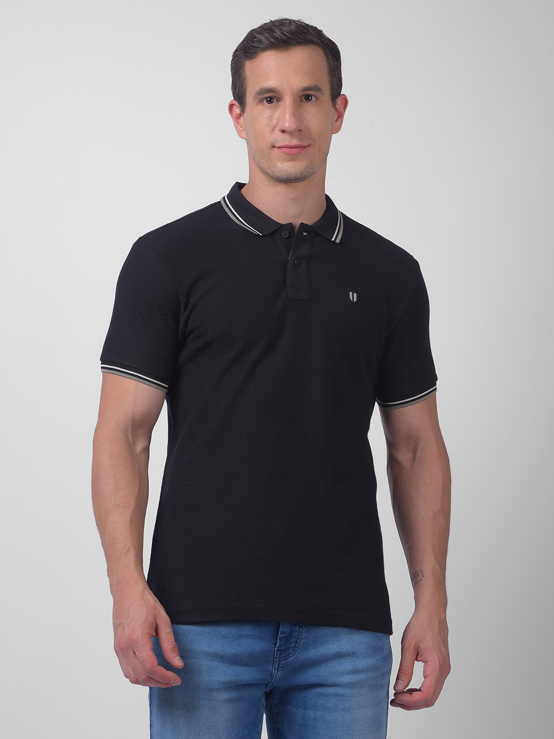 Numero Uno Men Black Polo Tipping Neck T-Shirt